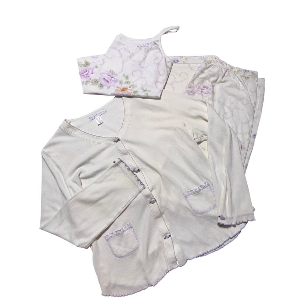 Vintage Carole Hochman Womens M White & Purple Floral 3 Piece Pajama Set